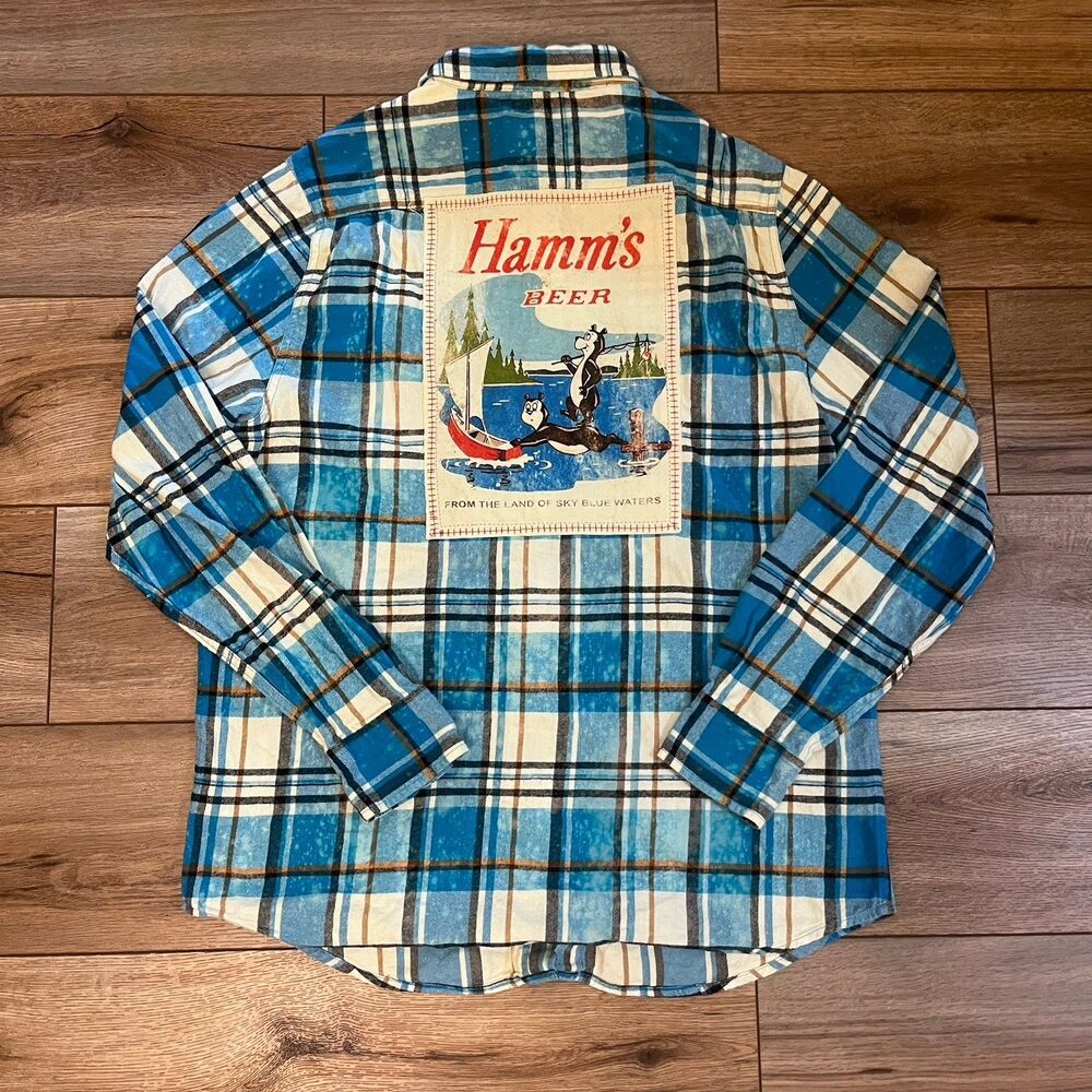 Angry Minnow Flannel Co. Hamm's Beer Blue Plaid Button-Up Long Sleeve Shirt Sz L